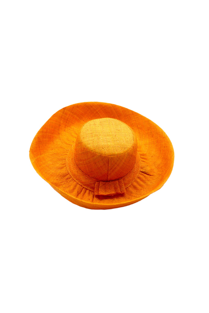 5" & 7" Wide Brim Saffron Packable Straw Sun Hat handmade loomed raffia in a solid hue of saffron yellow/orange lightweight malleable flexible hat - Shebobo