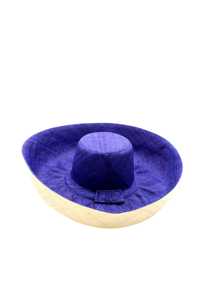 5" & 7" Brim Two Tone Blue Straw Hat handmade loomed raffia color block pattern of the top half navy blue and the bottom half natural straw color - Shebobo