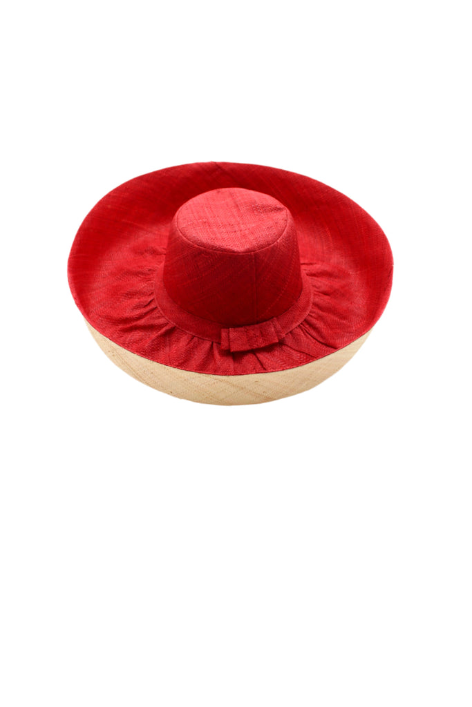 5" & 7" Brim Two Tone Red Straw Hat handmade loomed raffia color block pattern of the top half red and the bottom half natural straw color - Shebobo