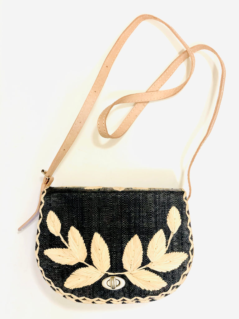 70s inspired black raffia straw crossbody purse natural raffia straw with natural leaf embroidery adjustable leather strap - Shebobo