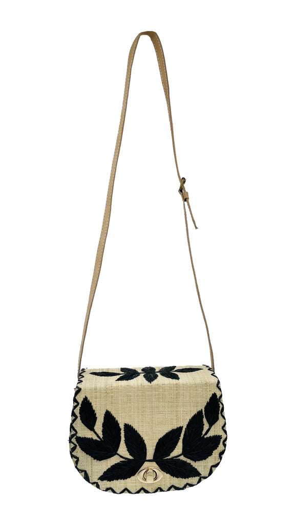 70's Crossbody Straw Bag handmade loomed natural raffia palm fiber purse with black accent cross stitch edging and matching leaf design embroidery handbag with adjustable leather strap - Shebobo