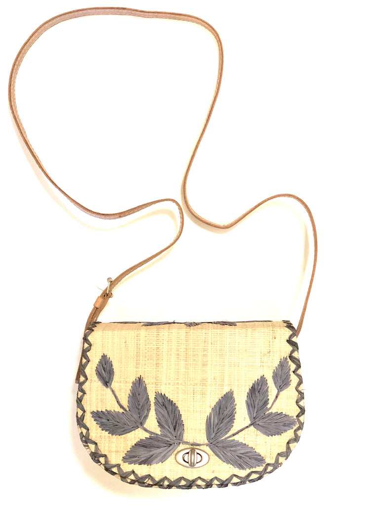 70's Crossbody Straw Bag handmade loomed natural raffia palm fiber purse with grey accent cross stitch edging and matching leaf design embroidery handbag with adjustable leather strap - Shebobo