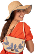 70's Crossbody Straw Bag handmade loomed natural raffia palm fiber purse with Denim retro/light/blue accent cross stitch edging and matching leaf design embroidery handbag with adjustable leather strap - Shebobo (with 4" Brim Rachel Crochet Straw Sun Hats with Colored Edge)