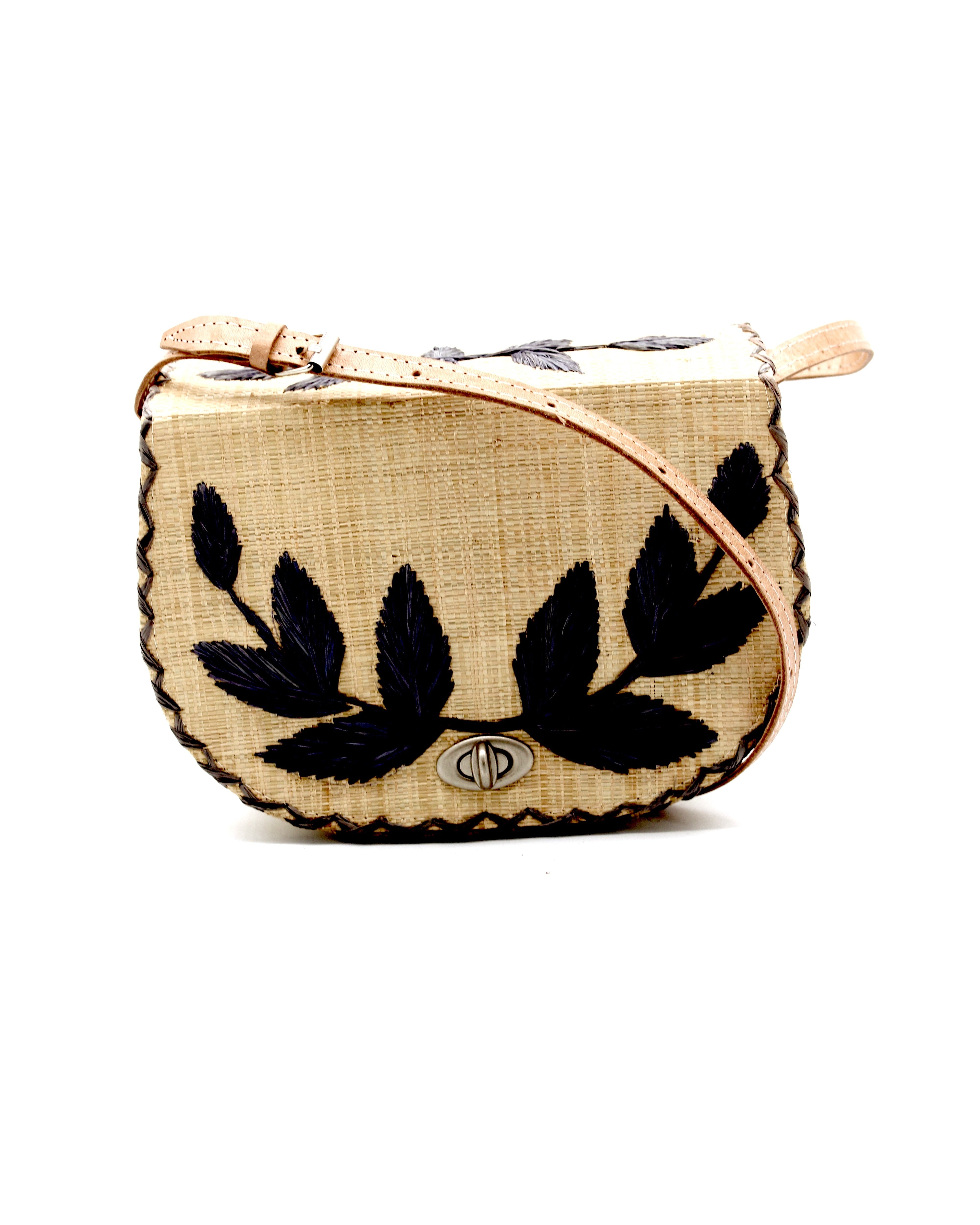 70's Crossbody Straw Bag handmade loomed natural raffia palm fiber purse with black accent cross stitch edging and matching leaf design embroidery handbag with adjustable leather strap - Shebobo