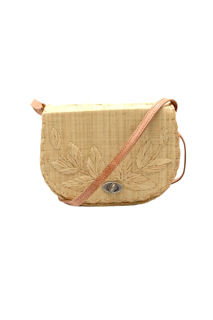 70's Crossbody Straw Bag handmade loomed natural raffia palm fiber purse with natural color accent cross stitch edging and matching leaf design embroidery handbag with adjustable leather strap - Shebobo