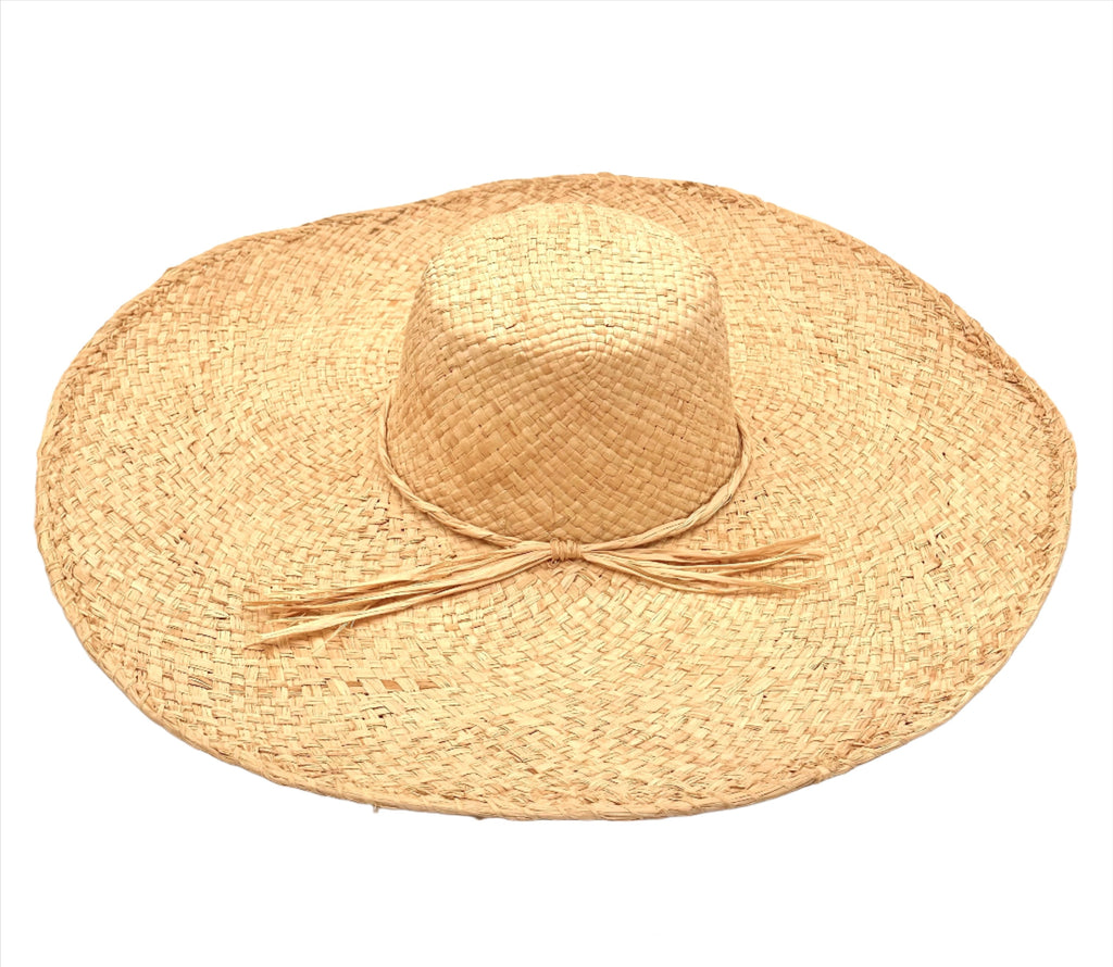 7" Brim Natasha Natural Woven XL Straw Sun Hat handmade woven natural raffia palm fiber in a solid hue of straw color with matching adjustable twisted raffia hat band and and extra wide brim - Shebobo