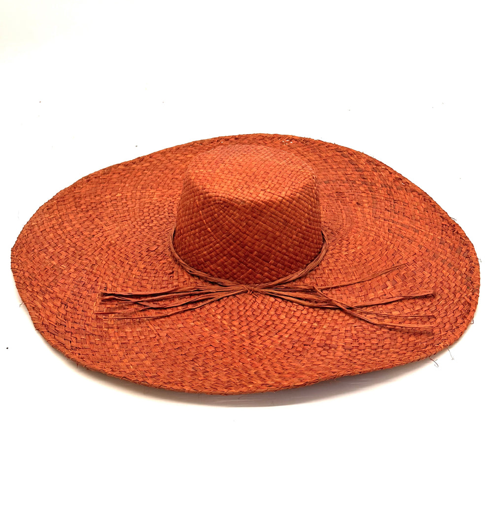 7" Brim Natasha Caramel Woven XL Straw Sun Hat handmade woven natural raffia palm fiber in a solid hue of whisky red/brown with matching adjustable twisted raffia hat band and and extra wide brim - Shebobo