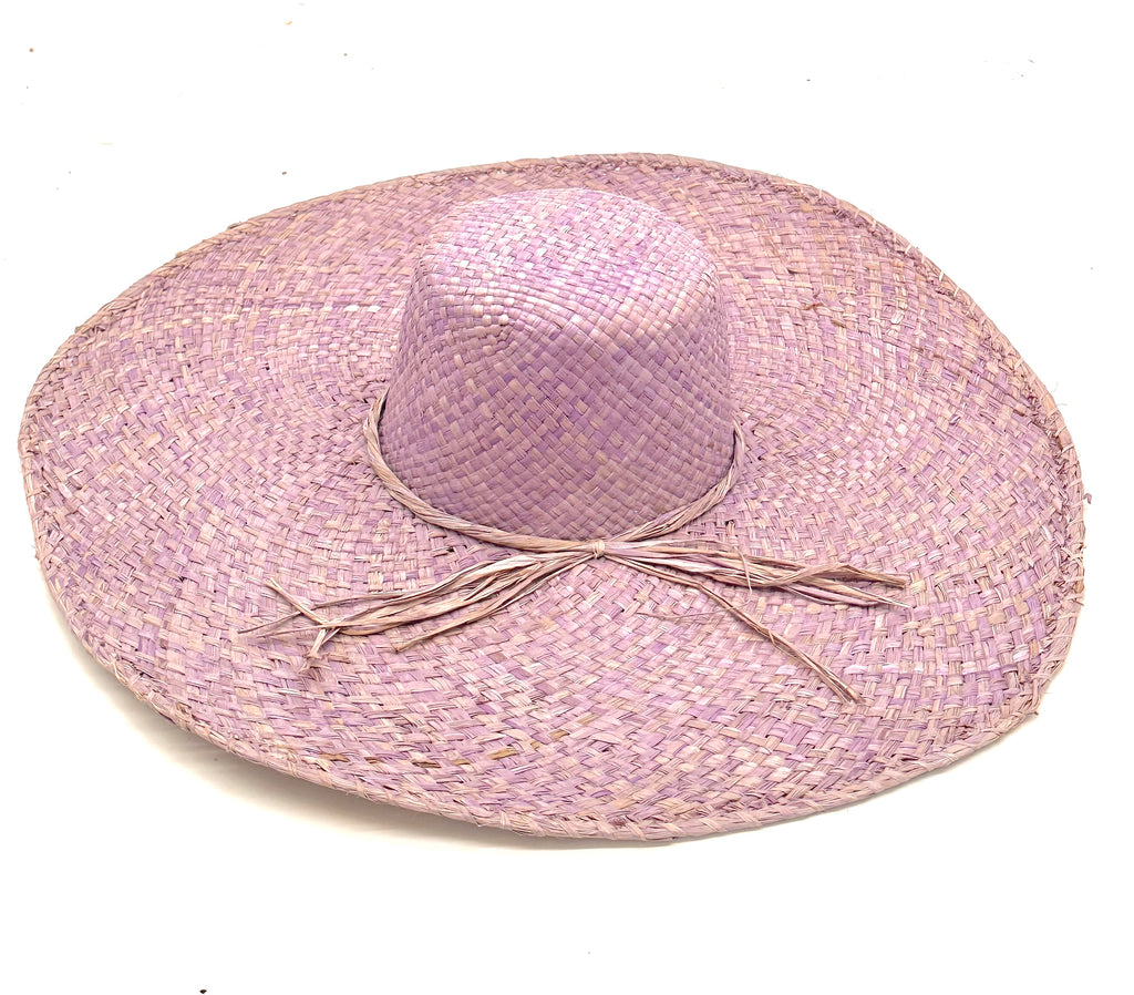 7" Brim Natasha Wisteria Woven XL Straw Sun Hat handmade woven natural raffia palm fiber in a solid hue of wisteria/lavender/lilac pink/purple with matching adjustable twisted raffia hat band and and extra wide brim - Shebobo