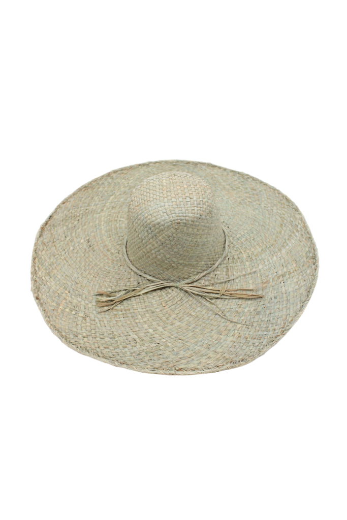 7" Brim Natasha Ocean Mist Woven XL Straw Sun Hat handmade woven natural raffia palm fiber in a solid hue of ocean mist sage/green with matching adjustable twisted raffia hat band and and extra wide brim - Shebobo