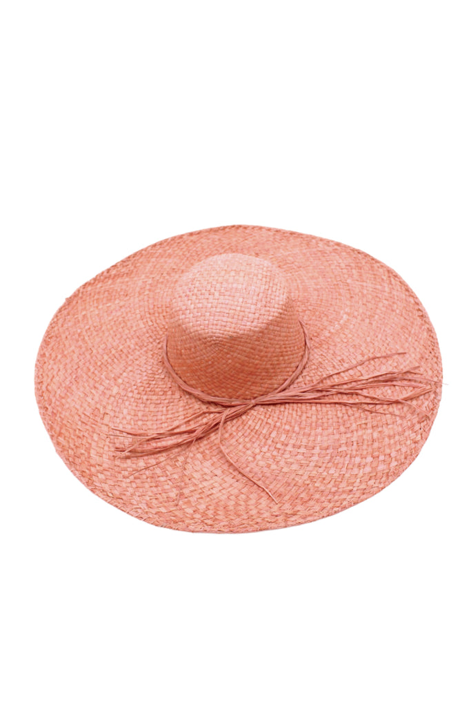 7" Brim Natasha Rouge Woven XL Straw Sun Hat handmade woven natural raffia palm fiber in a solid hue of rouge red/pink with matching adjustable twisted raffia hat band and and extra wide brim - Shebobo