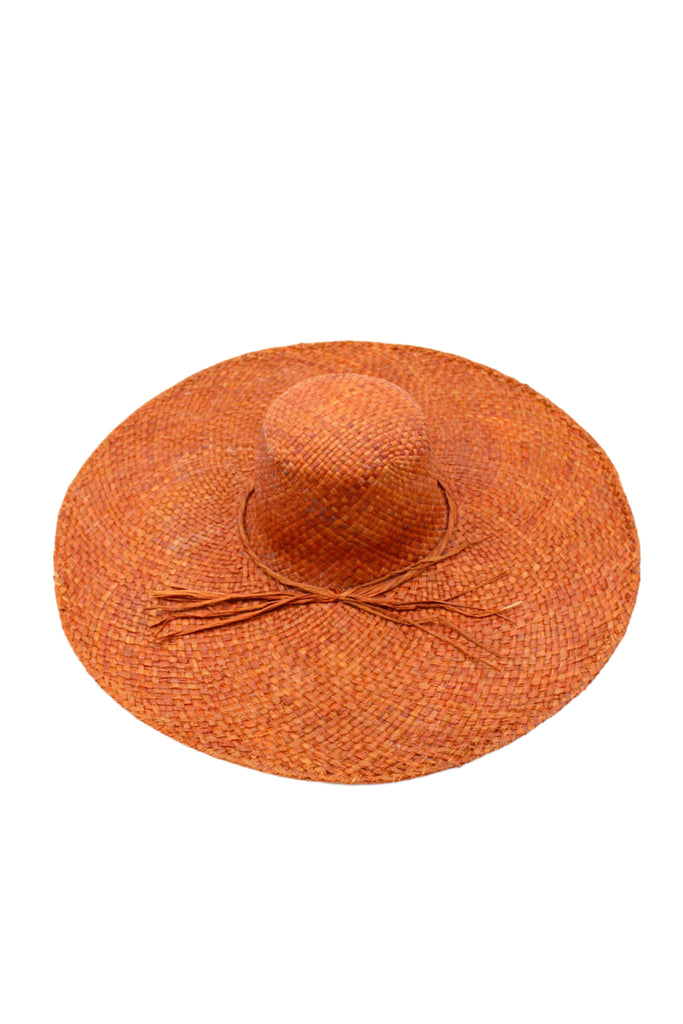 7" Brim Natasha Caramel Woven XL Straw Sun Hat handmade woven natural raffia palm fiber in a solid hue of whisky red/brown with matching adjustable twisted raffia hat band and and extra wide brim - Shebobo