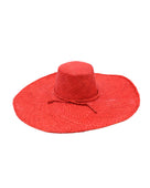 7" Wide Brim Natasha Red Woven XL Straw Sun Hat handmade woven natural raffia palm fiber in a solid hue of red with matching adjustable twisted raffia hat band and and extra wide brim - Shebobo