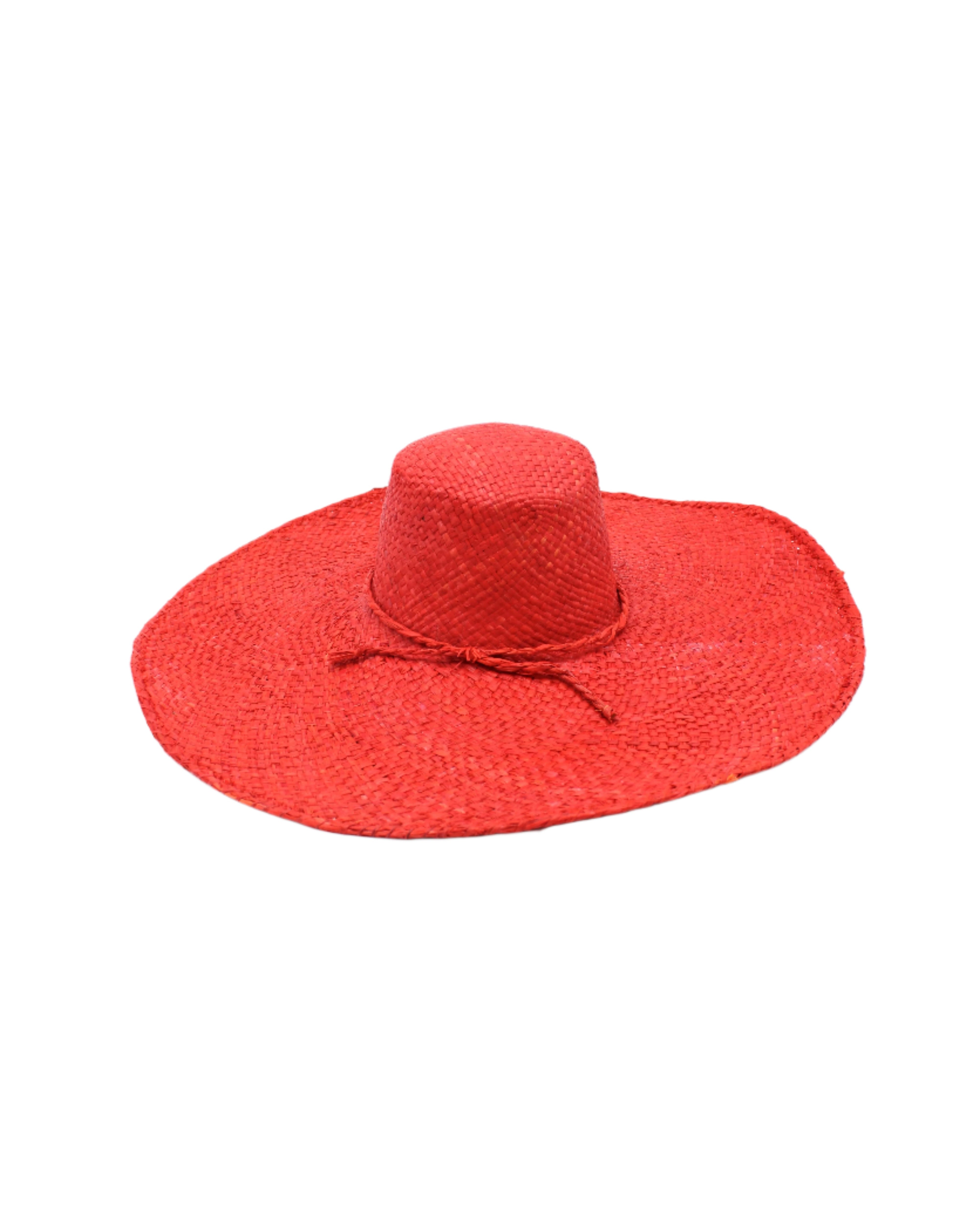 7" Wide Brim Natasha Red Woven XL Straw Sun Hat handmade woven natural raffia palm fiber in a solid hue of red with matching adjustable twisted raffia hat band and and extra wide brim - Shebobo