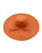 7" Wide Brim Natasha Caramel Woven XL Straw Sun Hat handmade woven natural raffia palm fiber in a solid hue of whisky red/brown with matching adjustable twisted raffia hat band and and extra wide brim - Shebobo
