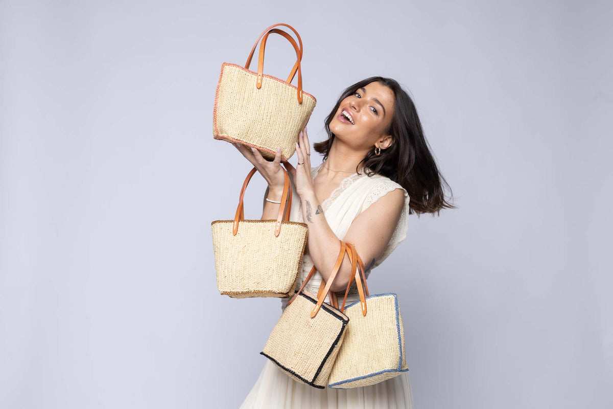 Model wearing Adele Mini Crochet Raffia Straw Handbag Purse with Colored Edge multiple color options - Shebobo