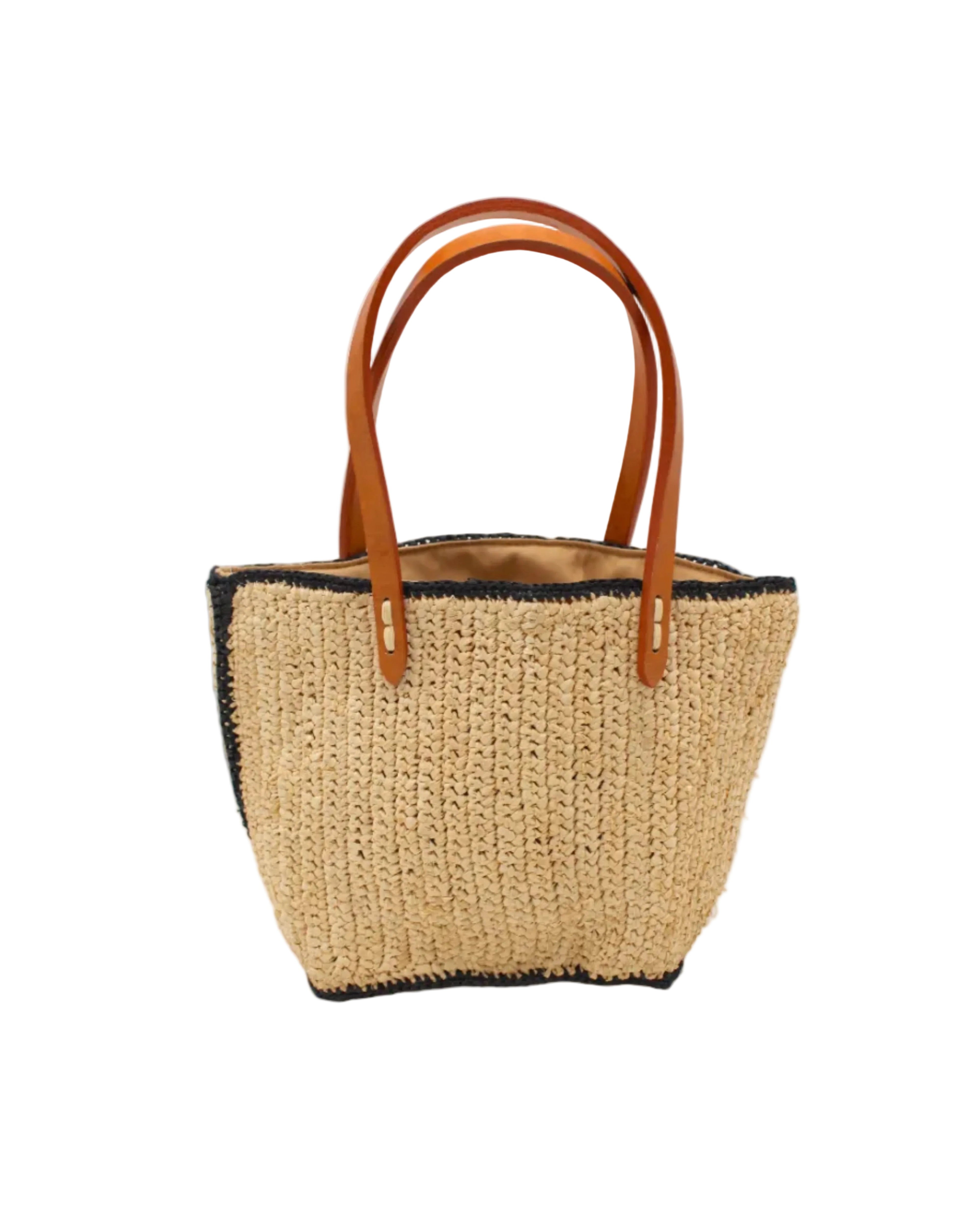 Adele Mini Crochet Raffia Straw Handbag Purse with Colored Edge Natural & Black handmade crochet raffia palm fiber in a solid hue of natural straw color with contrasting narrow band of black around the outer edges of the bag with subtle vertical band texture and leather handles - Shebobo