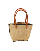 Adele Mini Crochet Raffia Straw Handbag Purse with Colored Edge Natural & Black handmade crochet raffia palm fiber in a solid hue of natural straw color with contrasting narrow band of black around the outer edges of the bag with subtle vertical band texture and leather handles - Shebobo