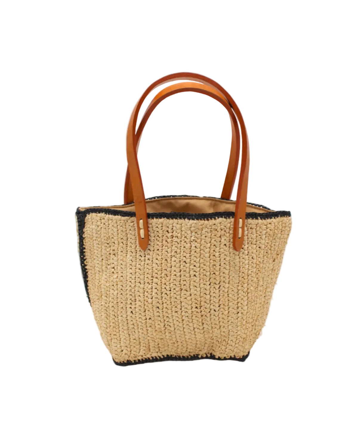 Adele Mini Crochet Raffia Straw Handbag Purse with Colored Edge Natural & Black handmade crochet raffia palm fiber in a solid hue of natural straw color with contrasting narrow band of black around the outer edges of the bag with subtle vertical band texture and leather handles - Shebobo