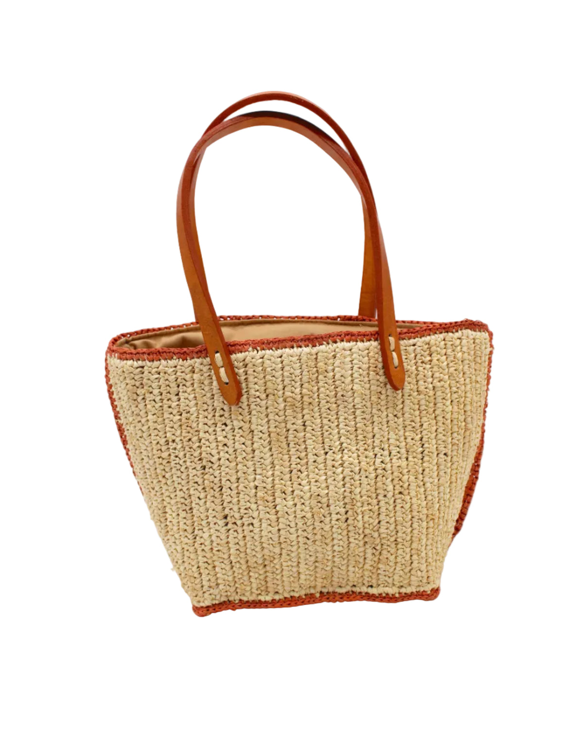 Adele Mini Crochet Raffia Straw Handbag Purse with Colored Edge Natural & Blush handmade crochet raffia palm fiber in a solid hue of natural straw color with contrasting narrow band of blush orange/pink around the outer edges of the bag with subtle vertical band texture and leather handles - Shebobo