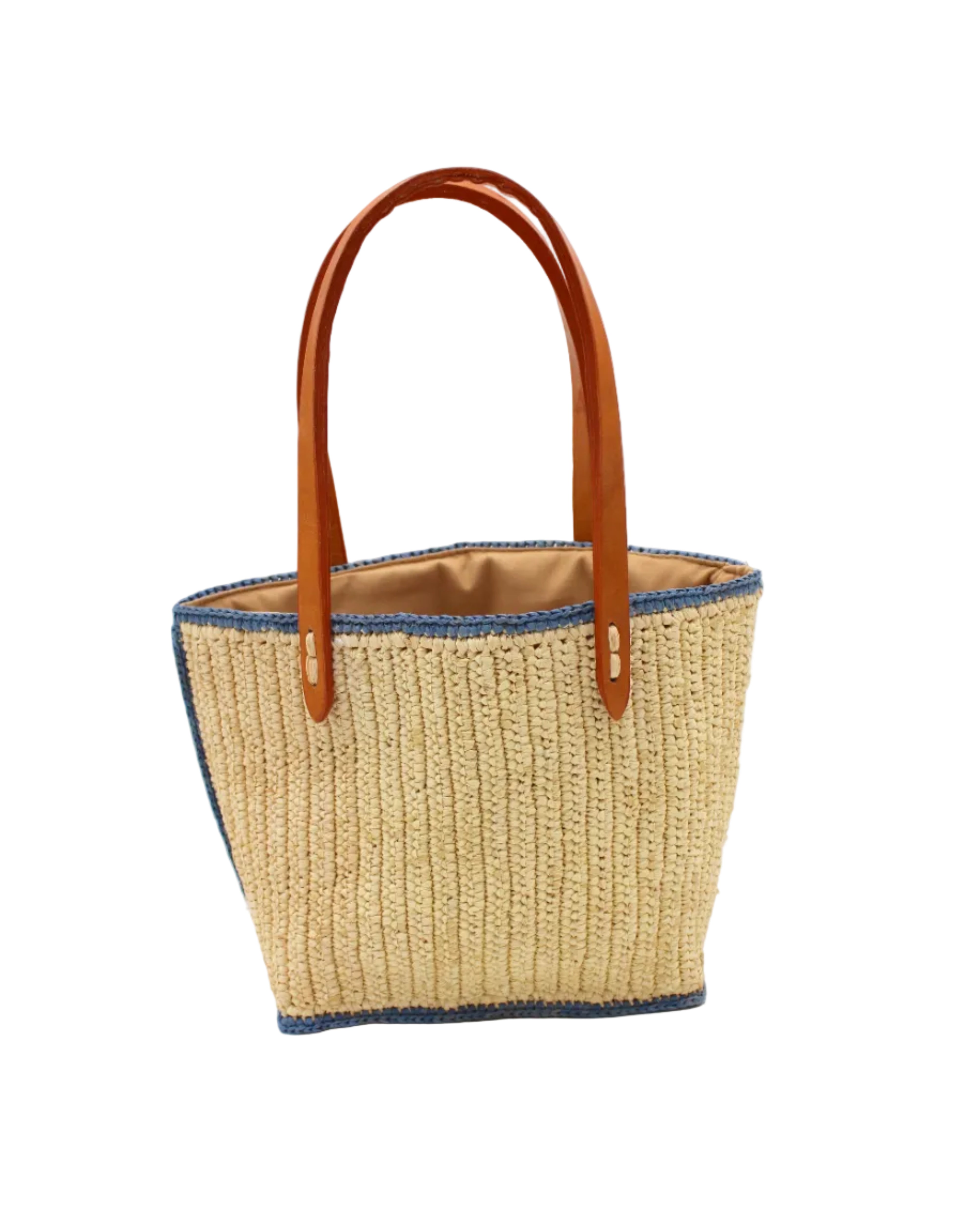 Adele Mini Crochet Raffia Straw Handbag Purse with Colored Edge Natural & Denim handmade crochet raffia palm fiber in a solid hue of natural straw color with contrasting narrow band of denim light/blue around the outer edges of the bag with subtle vertical band texture and leather handles - Shebobo