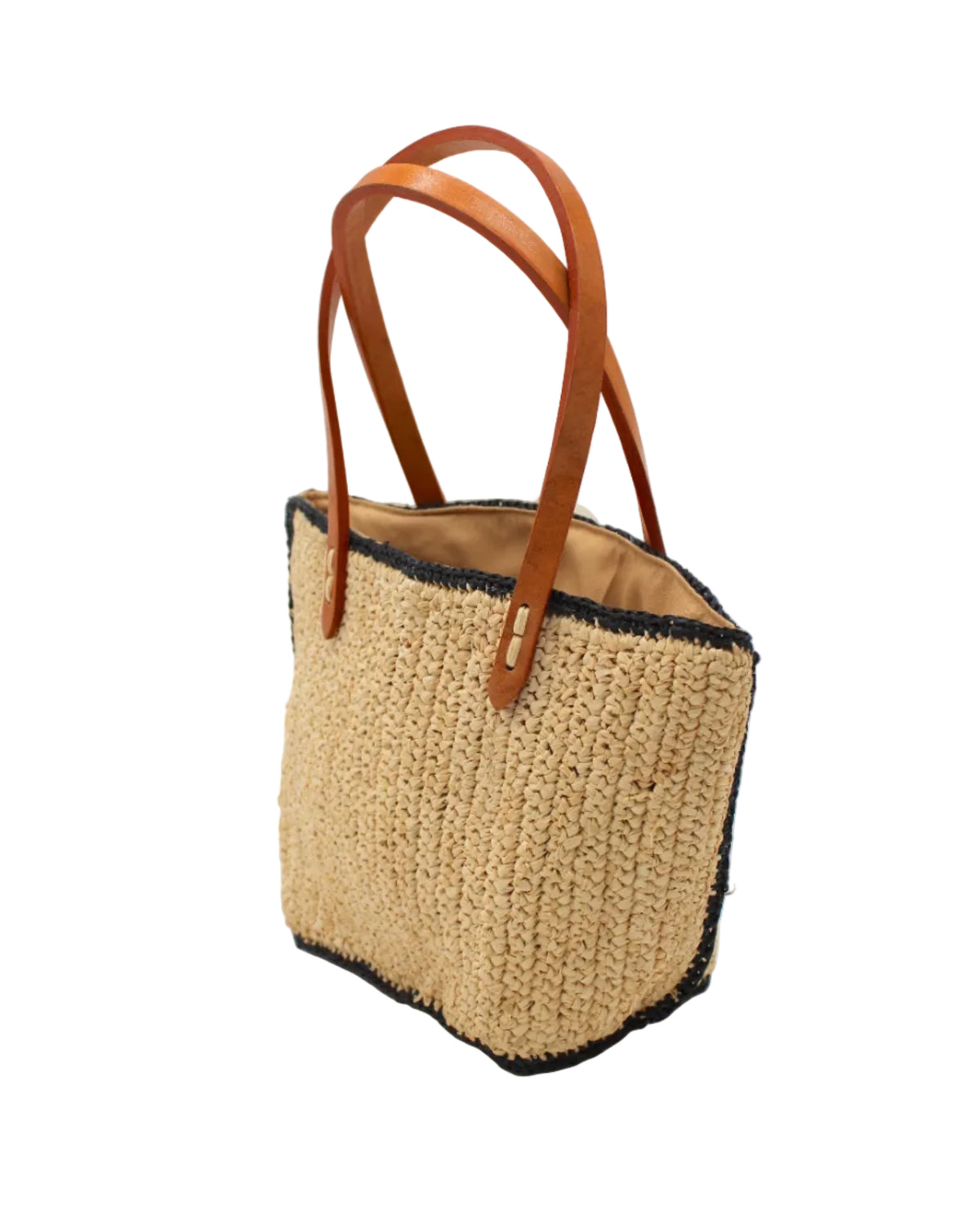 Side view Adele Mini Crochet Raffia Straw Handbag Purse with Colored Edge Natural & Black handmade crochet raffia palm fiber in a solid hue of natural straw color with contrasting narrow band of black around the outer edges of the bag with subtle vertical band texture and leather handles - Shebobo