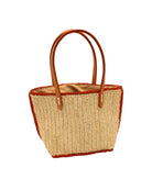 Adele Mini Crochet Raffia Straw Handbag Purse with Colored Edge Natural & Coral handmade crochet raffia palm fiber in a solid hue of natural straw color with contrasting narrow band of coral orange/red around the outer edges of the bag with subtle vertical band texture and leather handles - Shebobo