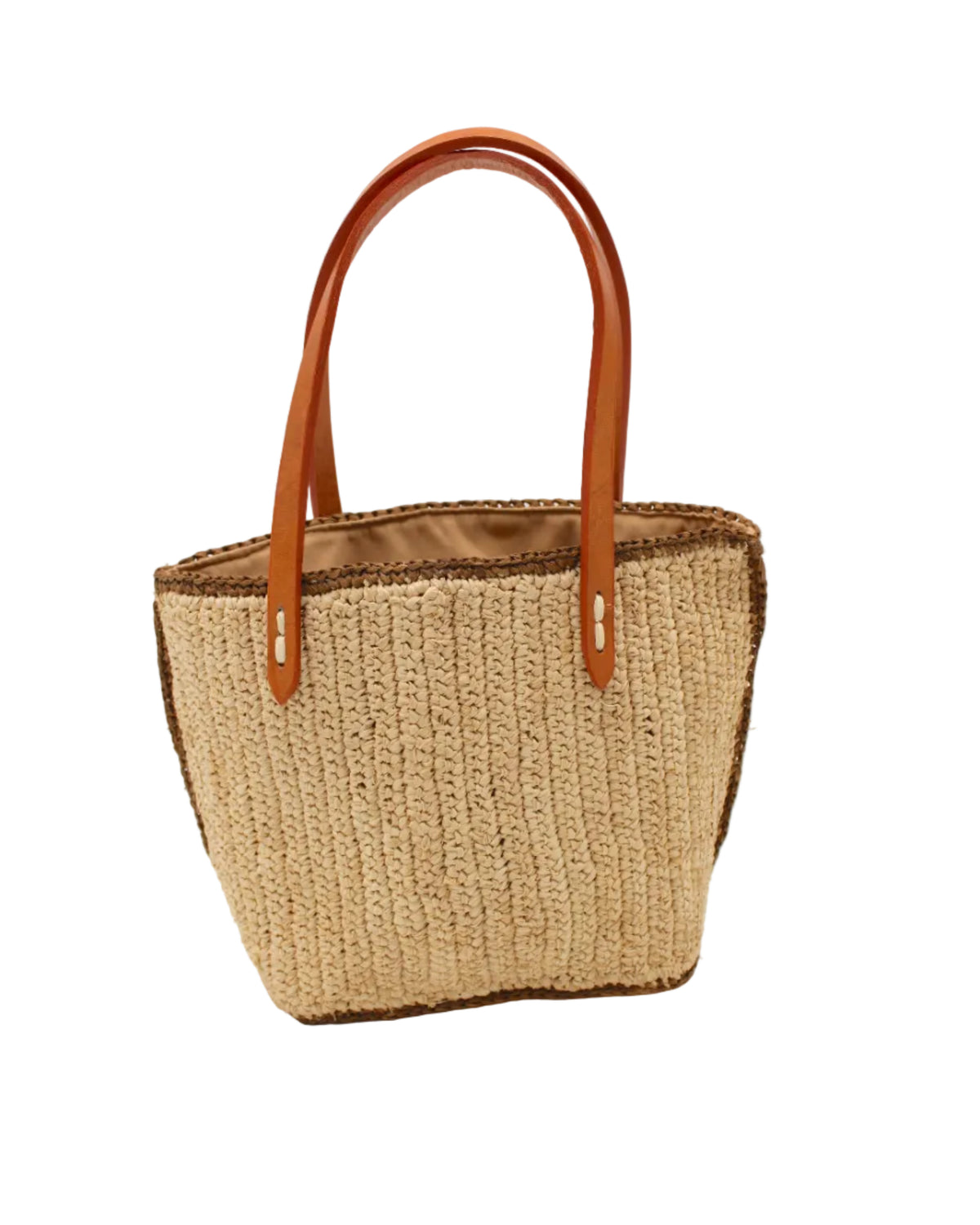 Adele Mini Crochet Raffia Straw Handbag Purse with Colored Edge Natural & Tobacco handmade crochet raffia palm fiber in a solid hue of natural straw color with contrasting narrow band of tobacco dark/cinnamon/brown around the outer edges of the bag with subtle vertical band texture and leather handles - Shebobo