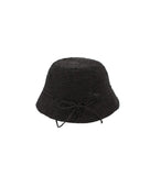 Ali 2" Brim Crochet Bucket Raffia Straw Hats handmade natural raffia palm fiber in a subtle crochet link texture spiraling out from the top crown of the hat to the edge of the brim in a solid hue of black with matching braided adjustable hat band sun hat - Shebobo