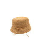 Ali 2" Brim Crochet Bucket Raffia Straw Hats handmade natural raffia palm fiber in a subtle crochet link texture spiraling out from the top crown of the hat to the edge of the brim in a solid hue of natural straw color with matching braided adjustable hat band sun hat - Shebobo