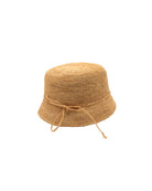 Ali 2" Brim Crochet Bucket Raffia Straw Hats handmade natural raffia palm fiber in a subtle crochet link texture spiraling out from the top crown of the hat to the edge of the brim in a solid hue of natural straw color with matching braided adjustable hat band sun hat - Shebobo