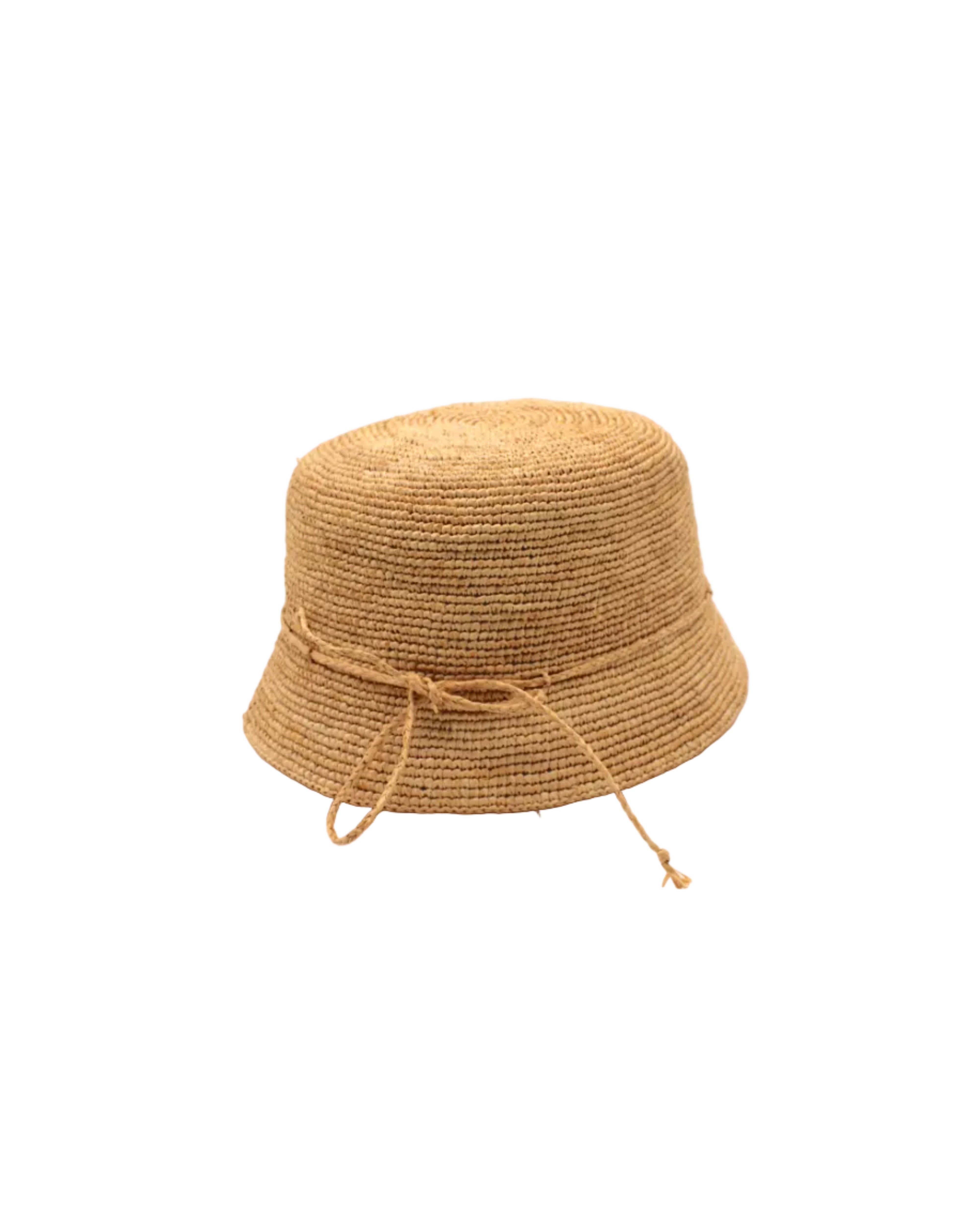 Ali 2" Brim Crochet Bucket Raffia Straw Hats handmade natural raffia palm fiber in a subtle crochet link texture spiraling out from the top crown of the hat to the edge of the brim in a solid hue of natural straw color with matching braided adjustable hat band sun hat - Shebobo