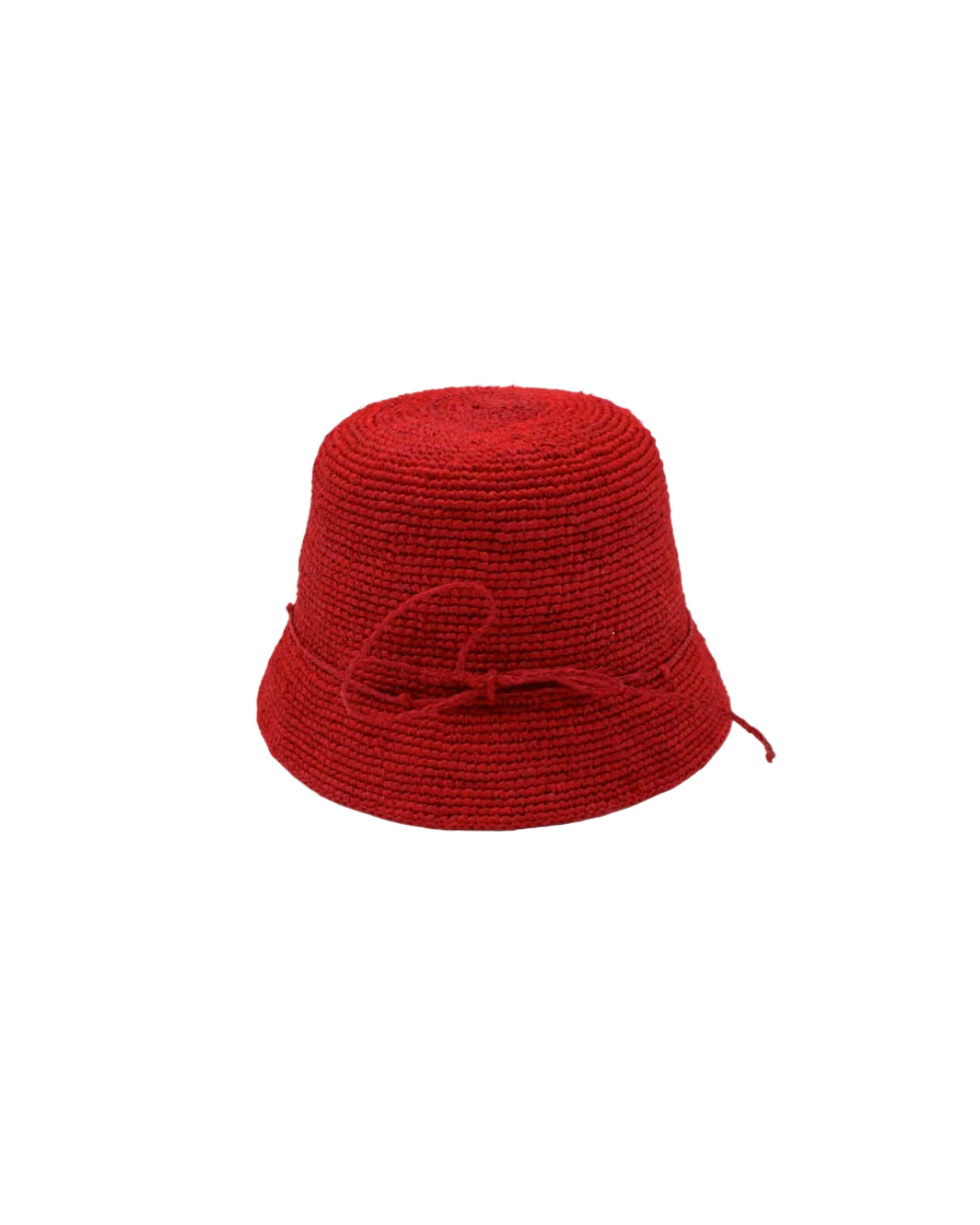 Ali 2" Brim Crochet Bucket Raffia Straw Hats handmade natural raffia palm fiber in a subtle crochet link texture spiraling out from the top crown of the hat to the edge of the brim in a solid hue of red with matching braided adjustable hat band sun hat - Shebobo