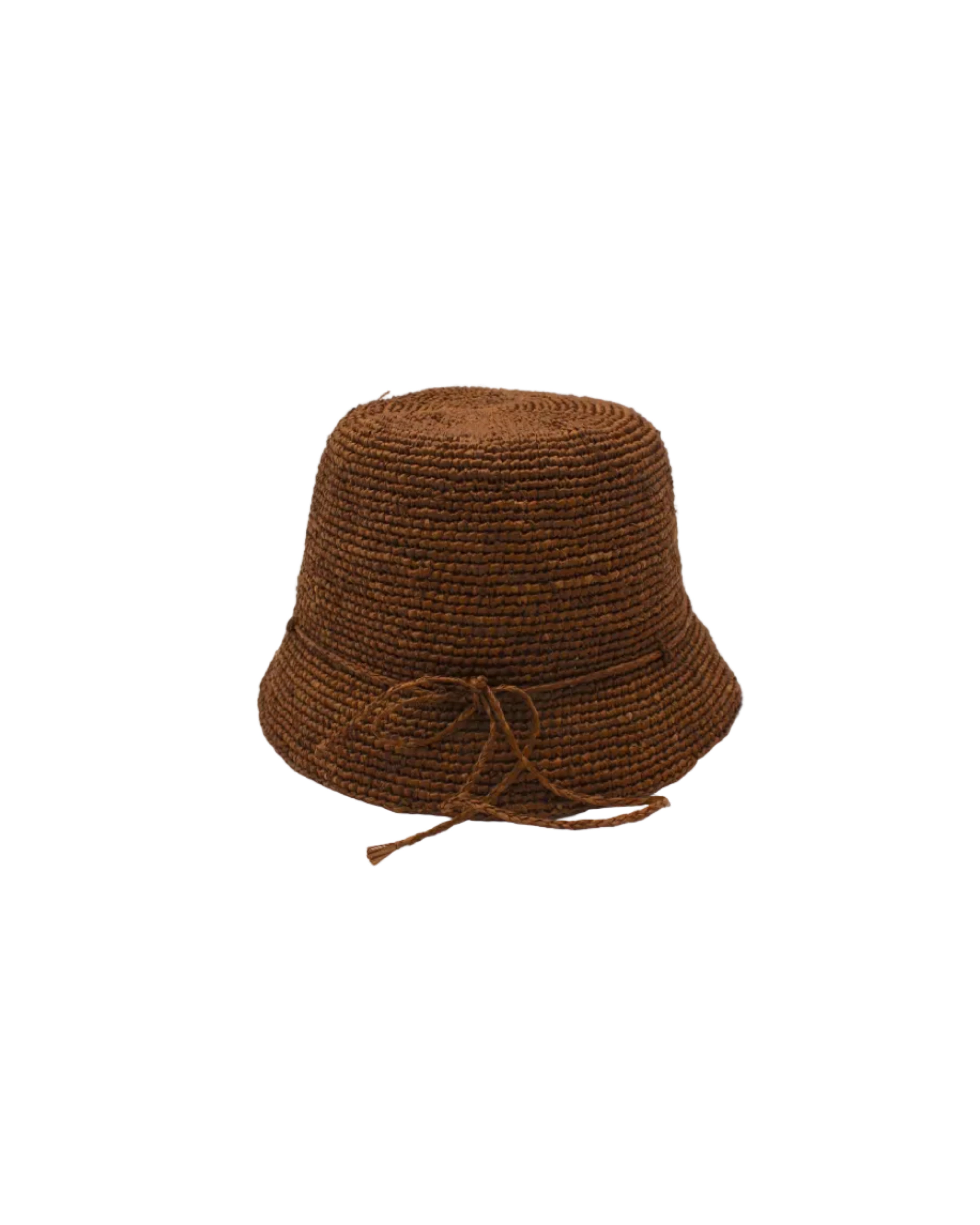 Ali 2" Brim Crochet Bucket Raffia Straw Hats handmade natural raffia palm fiber in a subtle crochet link texture spiraling out from the top crown of the hat to the edge of the brim in a solid hue of tobacco cinnamon/dark/brown with matching braided adjustable hat band sun hat - Shebobo