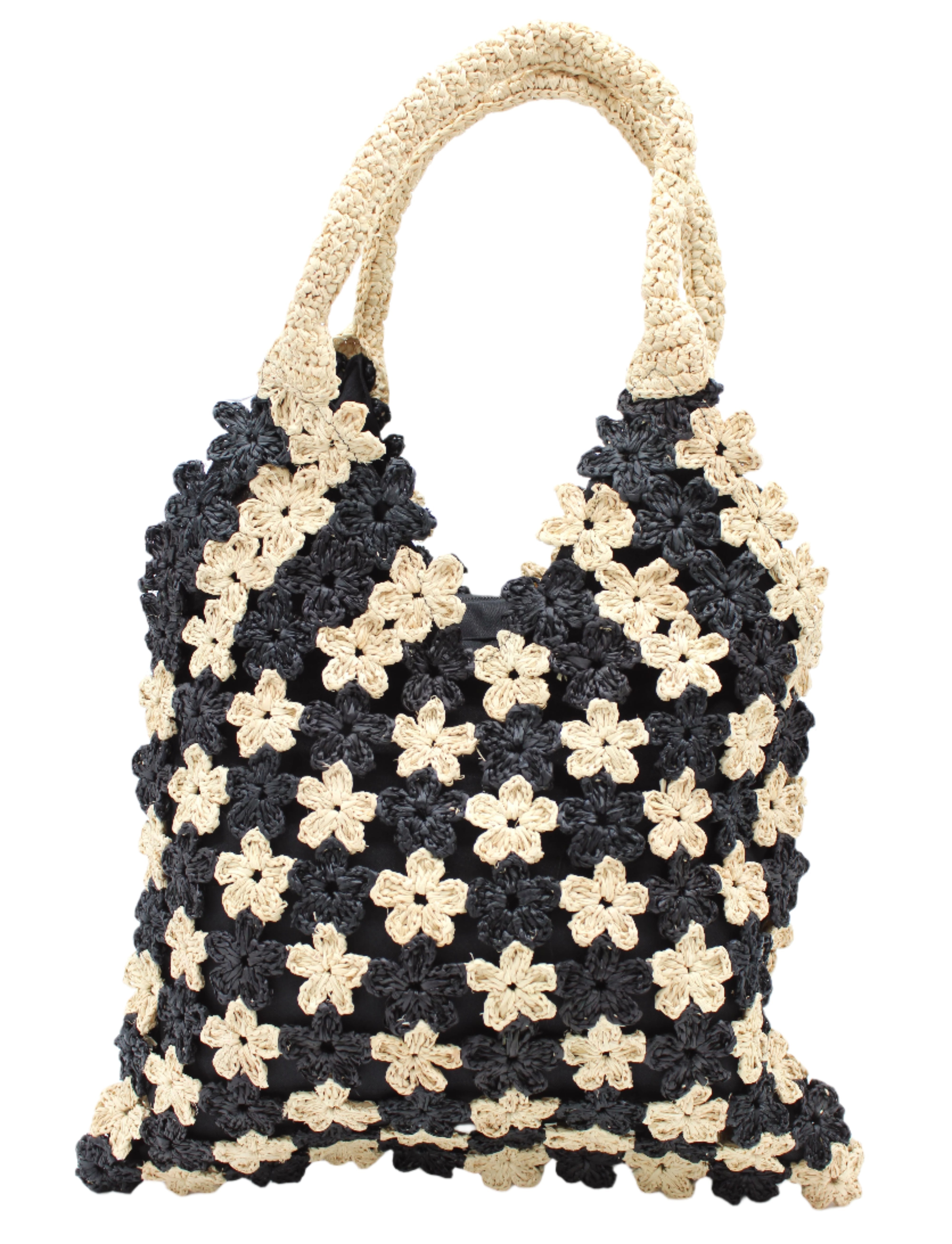 Amalie Two Tone Daisy Flower Crochet Straw Handbag handmade crochet mini flower buds from crochet natural raffia palm fiber in an alternating colored pattern of black and natural straw color with black internal liner and natural woven handles purse - Shebobo