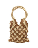 Amalie Two Tone Daisy Flower Crochet Straw Handbag handmade crochet mini flower buds from crochet natural raffia palm fiber in an alternating colored pattern of cappuccino tea/light/brown and natural straw color with brown internal liner and natural woven handles purse - Shebobo