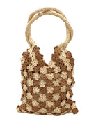 Amalie Two Tone Daisy Flower Crochet Straw Handbag handmade crochet mini flower buds from crochet natural raffia palm fiber in an alternating colored pattern of cappuccino tea/light/brown and natural straw color with brown internal liner and natural woven handles purse - Shebobo
