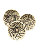 Amara Raffia Straw Decor Display Basket Bowls: Set of 3 handmade woven natural raffia palm fiber in a crochet loop technique concentric coiled circular pattern with natural straw color centered in the bottom and that go up the sides of the bowls with contrasting black swirl stitch pattern and matching natural rim/edge set of small, medium, and large straw display bowls - Shebobo