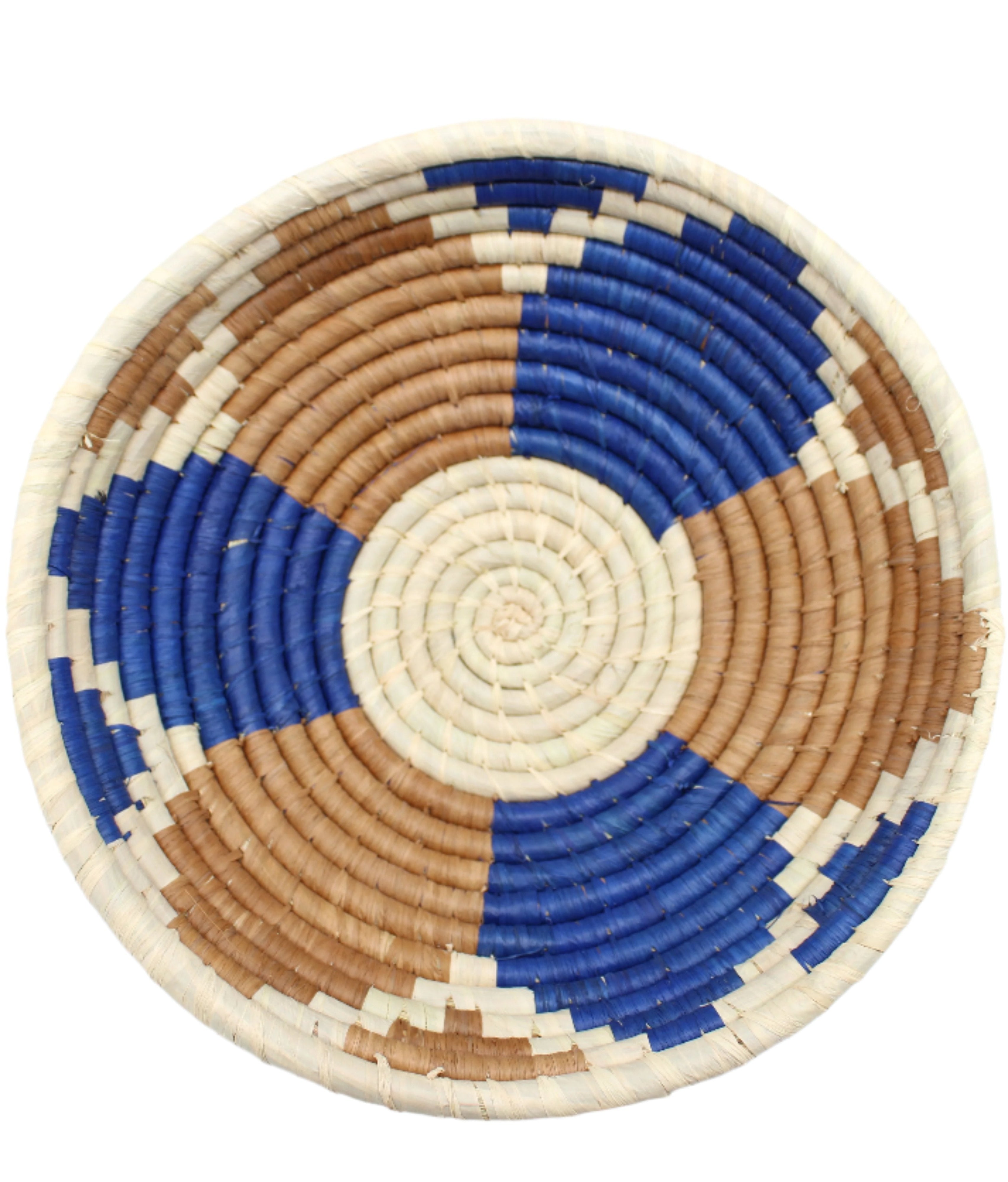 Detail view Amara Raffia Straw Decor Display Basket Bowls: Set of 3 handmade woven natural raffia palm fiber in a crochet loop technique concentric coiled circular pattern with natural straw color centered in the bottom with blue, cinnamon/tobacco/brown, and natural geometric floral design pattern up the sides of the bowls set of small, medium, and large straw display bowls - Shebobo