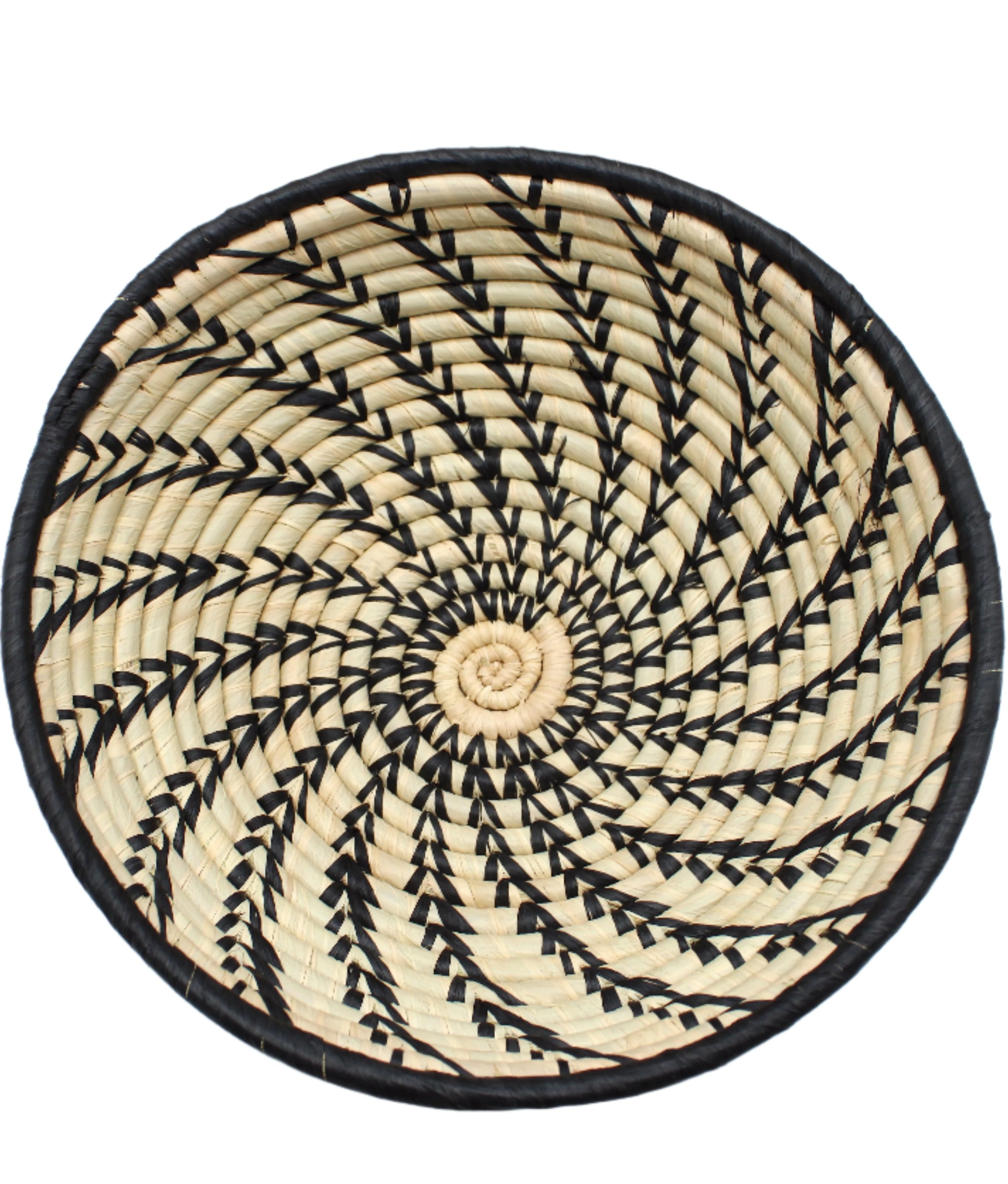 Detail view Amara Raffia Straw Decor Display Basket Bowls: Set of 3 handmade woven natural raffia palm fiber in a crochet loop technique concentric coiled circular pattern with natural straw color centered in the bottom and that go up the sides of the bowls with contrasting black swirl stitch pattern and matching black rim/edge set of small, medium, and large straw display bowls - Shebobo