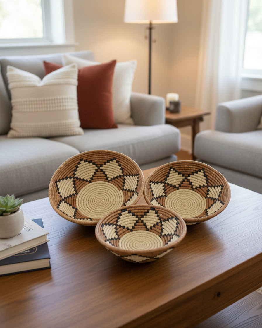 Lifestyle view Amara Raffia Straw Decor Display Basket Bowls: Set of 3 handmade woven natural raffia palm fiber in a crochet loop technique concentric coiled circular pattern with natural straw color centered in the bottom with cinnamon/tobacco/brown sides and natural diamond with black edges pattern set of small, medium, and large straw display bowls - Shebobo