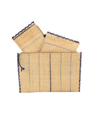 Set of 3 Blues on Natural straw color Nesting Zippered Straw Clutches Pinstripe Pattern handmade loomed raffia in wide vertical bands of natural with multicolor narrow bands of turquoise, navy, denim, etc. with matching zipper and braided zipper pull with cross stitch edging in three sizes of small, medium, and large - Shebobo