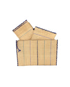 Set of 3 Blues on Natural straw color Nesting Zippered Straw Clutches Pinstripe Pattern handmade loomed raffia in wide vertical bands of natural with multicolor narrow bands of turquoise, navy, denim, etc. with matching zipper and braided zipper pull with cross stitch edging in three sizes of small, medium, and large - Shebobo