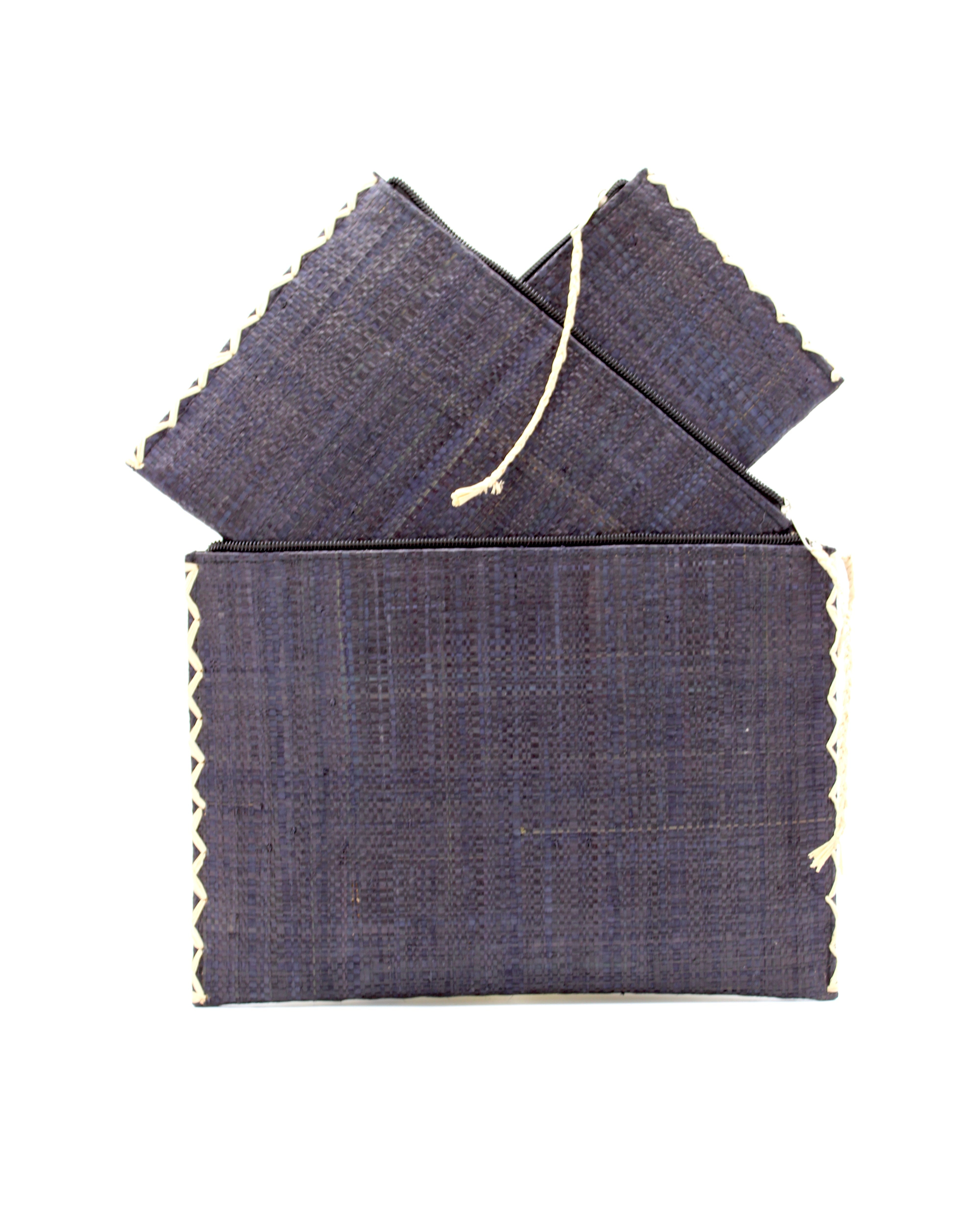 Amelia Set of 3 Black Nesting Zippered Straw Clutches Solid Colors handmade loomed raffia in a solid hue with matching zipper and braided zipper pull with cross stitch edging in three sizes of small, medium, and large - Shebobo