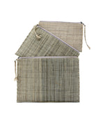 Amelia Set of 3 Grey Nesting Zippered Straw Clutches Solid Colors handmade loomed raffia in a solid hue with matching zipper and braided zipper pull with cross stitch edging in three sizes of small, medium, and large - Shebobo