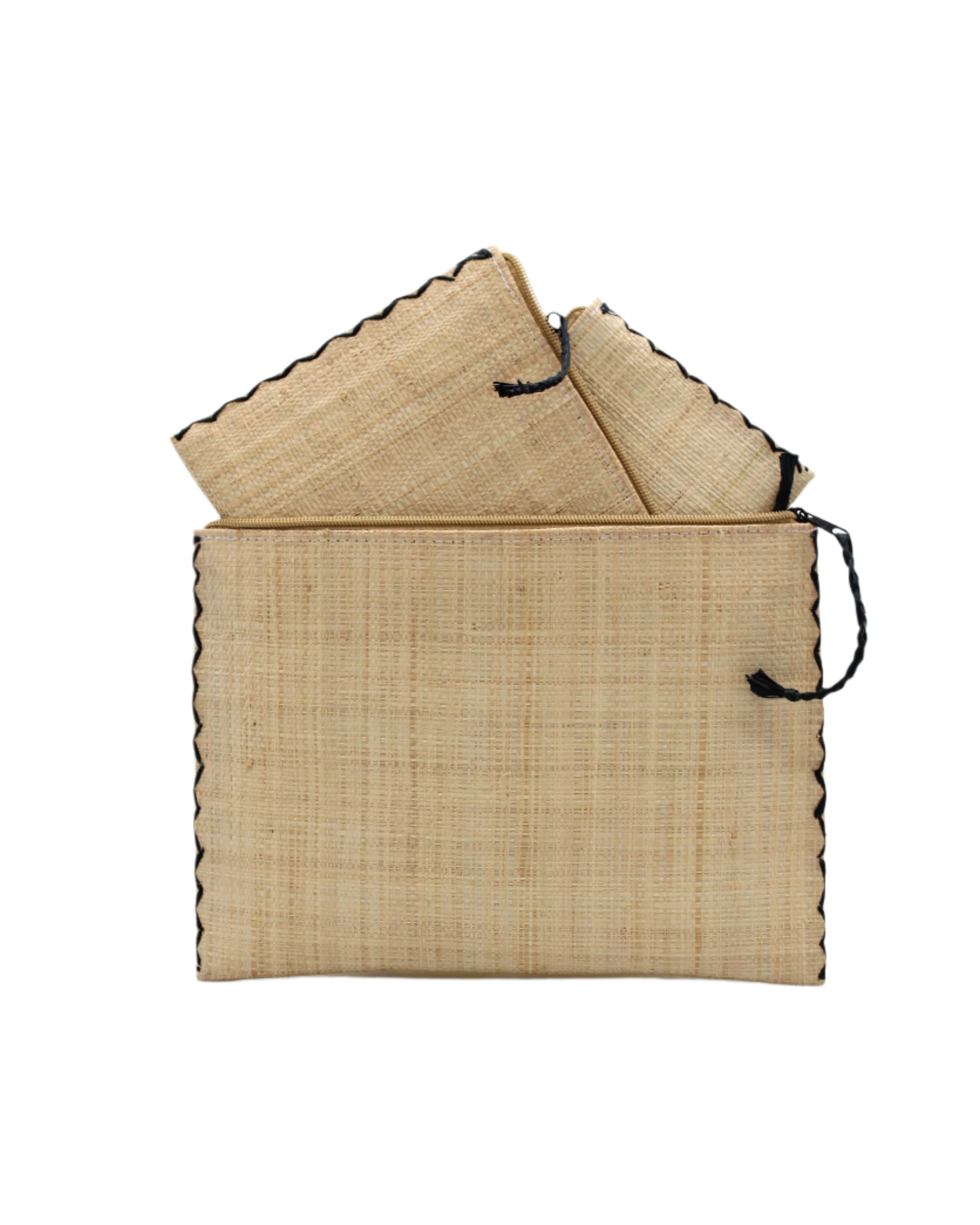 Amelia Set of 3 Natural straw color Nesting Zippered Straw Clutches Solid Colors handmade loomed raffia in a solid hue with matching zipper and braided zipper pull with cross stitch edging in three sizes of small, medium, and large - Shebobo