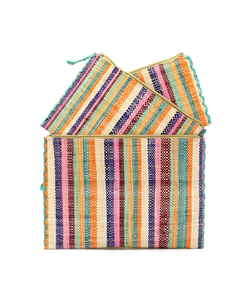 Amelia Set of 3 Nesting Zippered Straw Clutches Taffy Multicolor Stripe Pattern handmade loomed raffia in multiple widths of vertical stripes in natural, orange, turquoise, saffron, seafoam, bordeaux, pink with matching zipper and braided zipper pull with cross stitch edging in three sizes of small, medium, and large - Shebobo