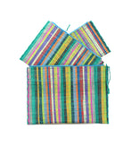 Amelia Set of 3 Nesting Zippered Straw Clutches Turquoise Stripe Multicolor Stripe Pattern handmade loomed raffia in multiple widths of vertical stripes in natural, orange, turquoise, saffron, seafoam, red, fuchsia pink, etc. with matching turquoise zipper and braided zipper pull with cross stitch edging in three sizes of small, medium, and large - Shebobo