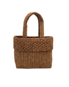 Anna Petal Pattern Crochet Straw Basket Handbag handmade natural raffia palm fiber in a solid hue of Cappuccino tea/light/brown crochet in multiple textures resulting in a subtle pattern of vertical linked bands on the bottom 2/3 of the bag, and a floral petal or shell pattern on the upper third with rolled panel of links making up the handles Beach Bag Purse - Shebobo