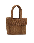 Anna Petal Pattern Crochet Straw Basket Handbag handmade natural raffia palm fiber in a solid hue of Cappuccino tea/light/brown crochet in multiple textures resulting in a subtle pattern of vertical linked bands on the bottom 2/3 of the bag, and a floral petal or shell pattern on the upper third with rolled panel of links making up the handles Beach Bag Purse - Shebobo