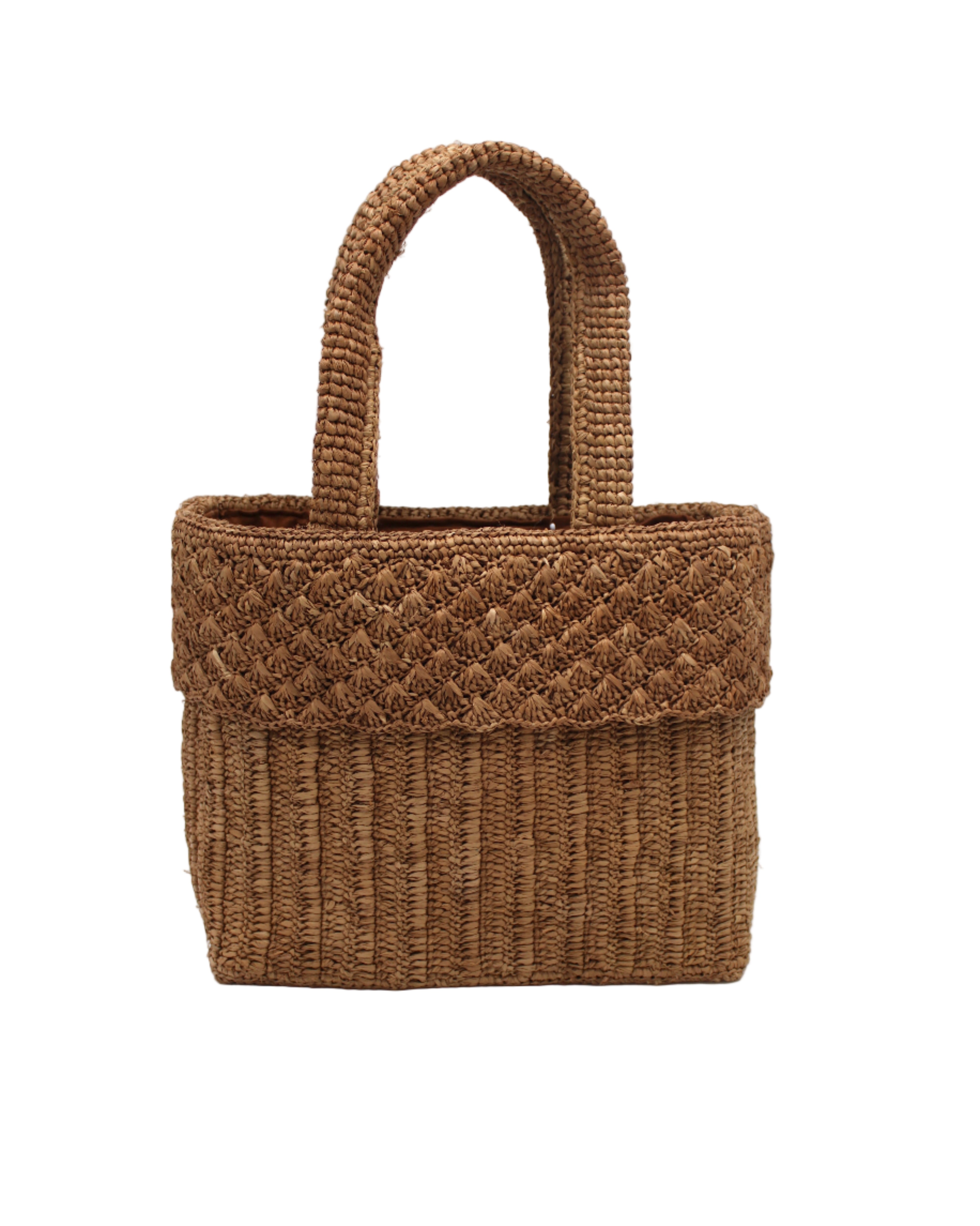 Anna Petal Pattern Crochet Straw Basket Handbag handmade natural raffia palm fiber in a solid hue of Cappuccino tea/light/brown crochet in multiple textures resulting in a subtle pattern of vertical linked bands on the bottom 2/3 of the bag, and a floral petal or shell pattern on the upper third with rolled panel of links making up the handles Beach Bag Purse - Shebobo